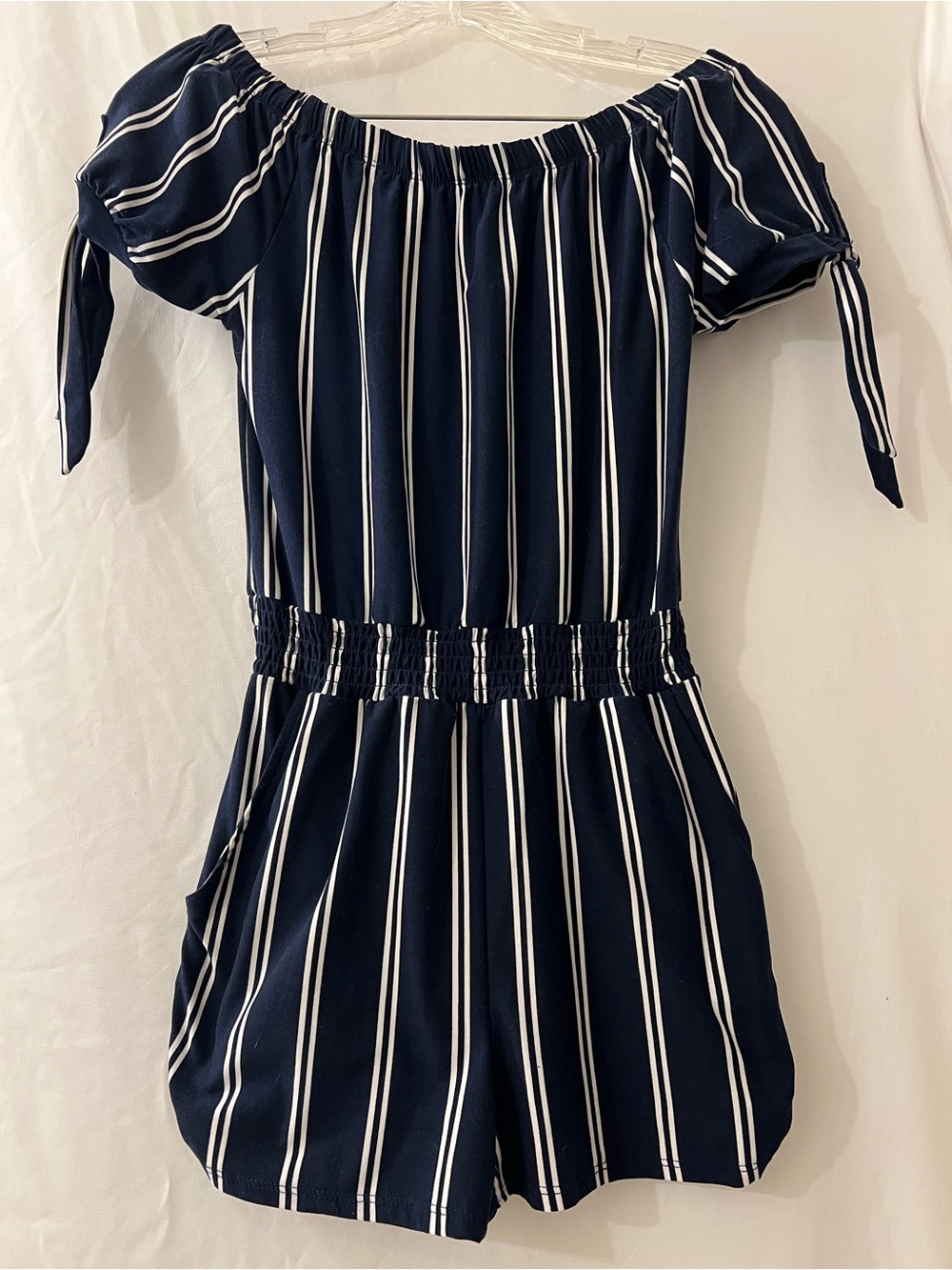 Derek Heart Navy and White Striped Off-Shoulder Romper